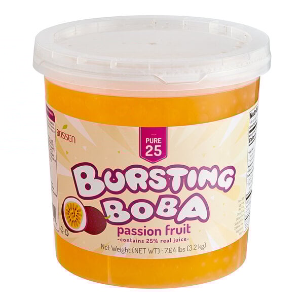A plastic container of Bossen Pure25 Passion Fruit Bursting Boba with orange jelly inside.