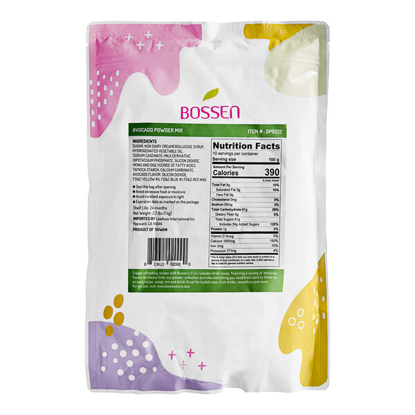 A white package of Bossen Avocado Powder with a green and pink label.