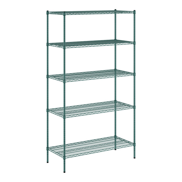 A green Regency wire shelving unit with four shelves.