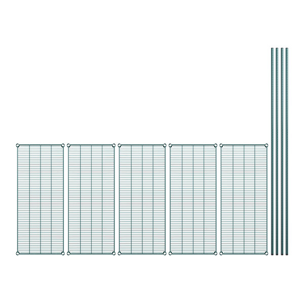 A long shot of green wire mesh panels with poles.