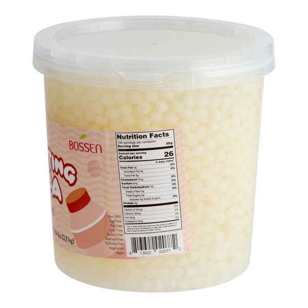 A large plastic tub of Bossen yogurt bursting boba pearls.