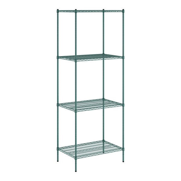 A green wire shelving unit with four shelves.