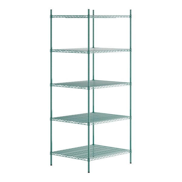 A Regency green wire shelving unit with five shelves.