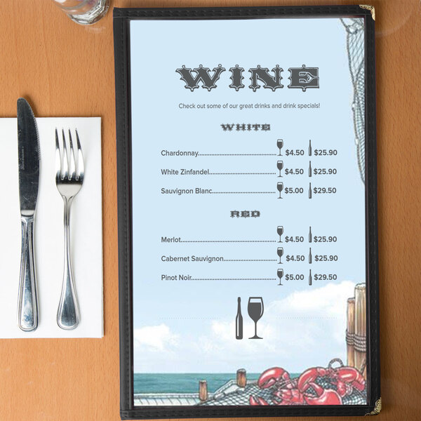Menu paper with a white background and a seafood themed design featuring a crab and a wine glass.