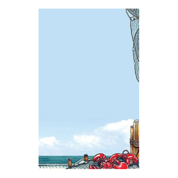 An illustrated sheet featuring a harbor scene with fishing nets, wooden posts, and red crabs in the bottom right corner, set against a blue sky and ocean background.