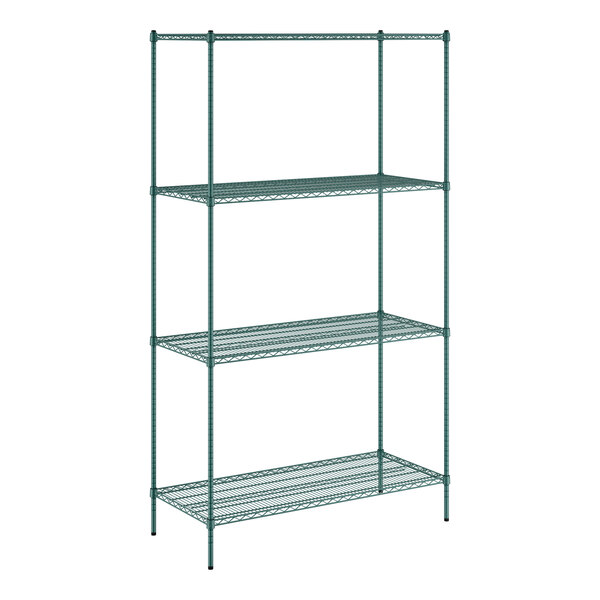 A green metal Regency wire shelving unit with four shelves.