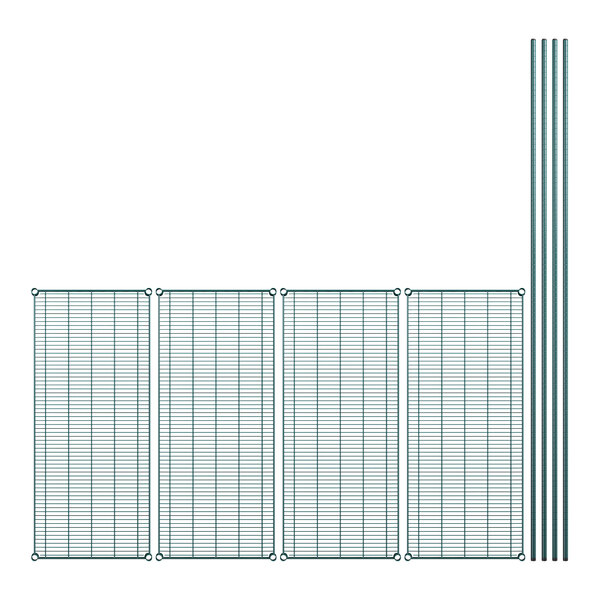 Regency green wire shelving kit with grid panels and metal poles.