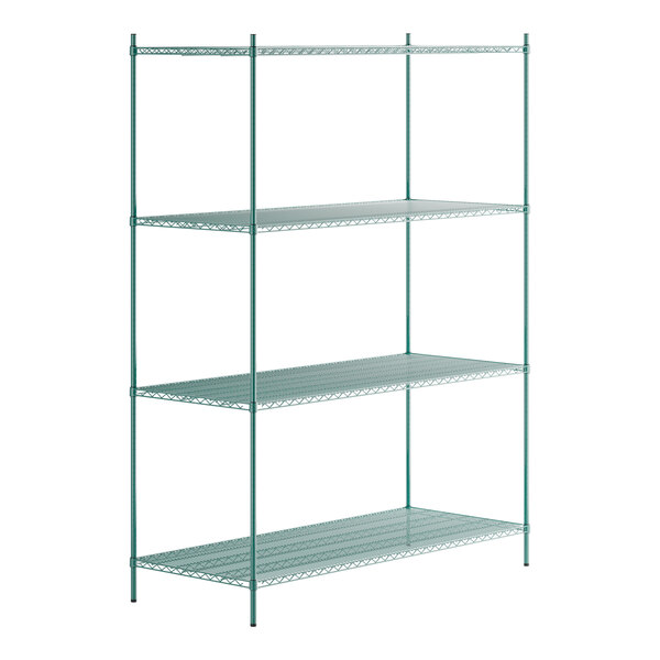 A green Regency wire shelving unit with four shelves.