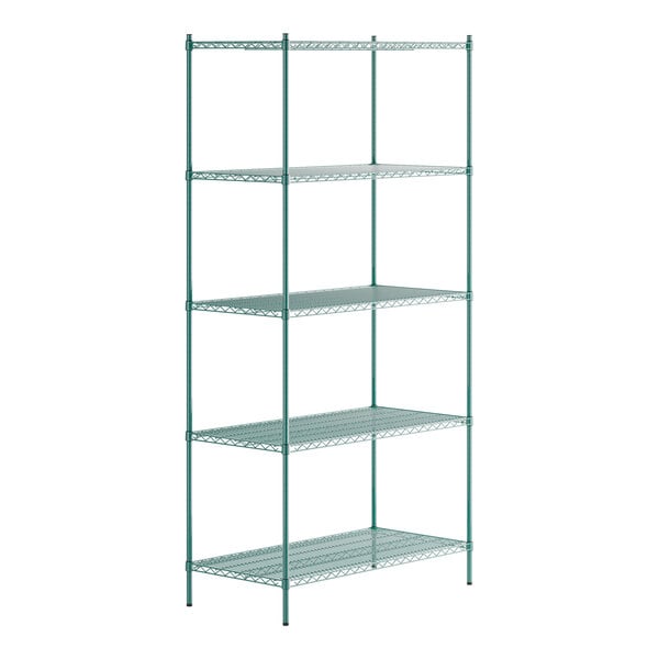 A Regency green wire shelving unit with four shelves.