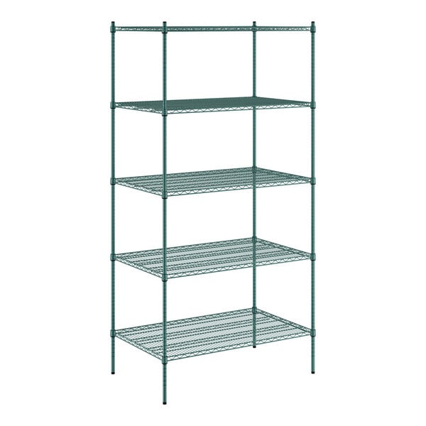 A Regency green wire shelving unit with five shelves.