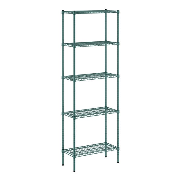 A green Regency wire shelving unit with five shelves.