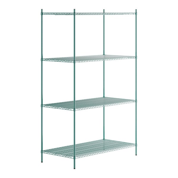 A green metal Regency wire shelving unit with three shelves.