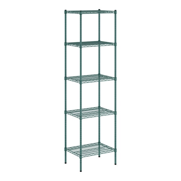 A green metal Regency wire shelving unit with four shelves.