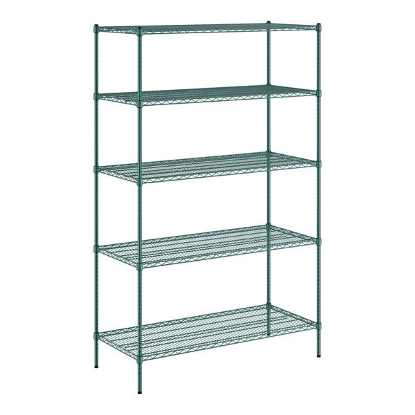 A Regency green wire shelving unit with five shelves.