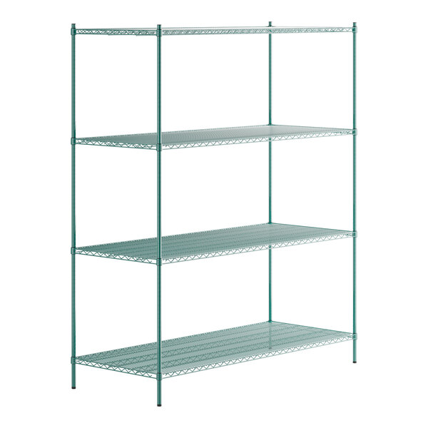 A green metal Regency wire shelving unit with four shelves.