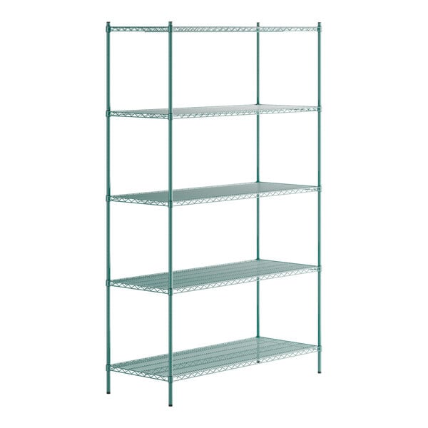 A green metal Regency wire shelving unit with four shelves.