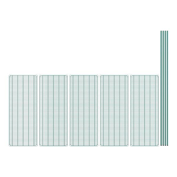 A row of green wire shelves with 96" poles on a white background.