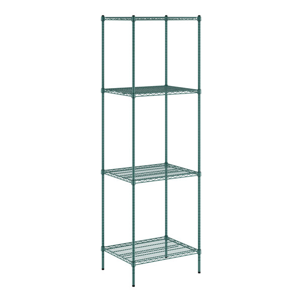 A green wire shelving unit with four shelves.