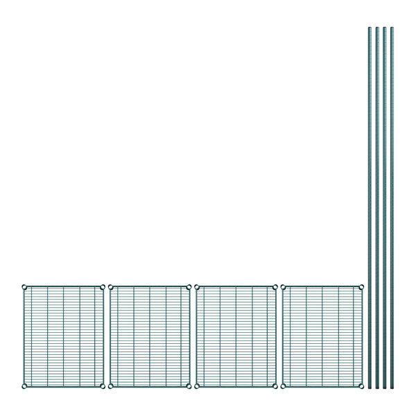 A row of metal bars with wire mesh shelves.