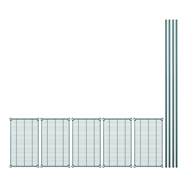 A row of metal wire shelves with green metal bars and rods.