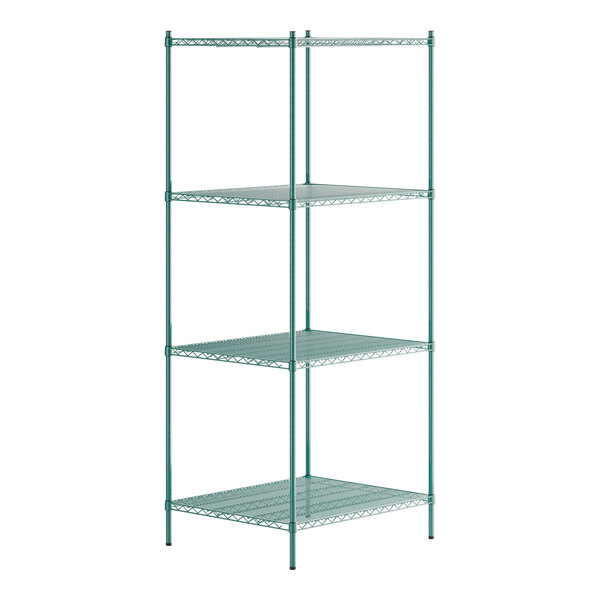 A green metal Regency wire shelving unit with four shelves.