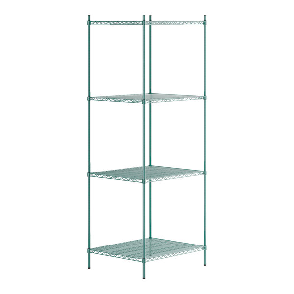 A green metal Regency wire shelving unit with four shelves.