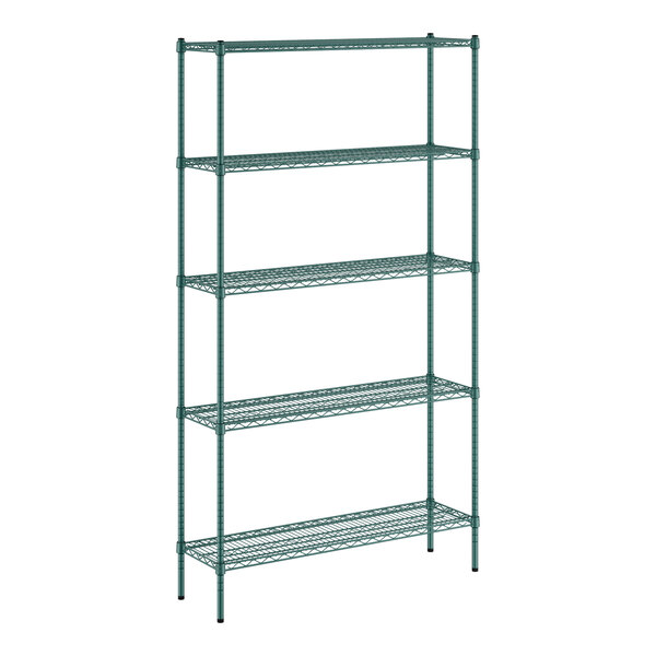 A green metal wire shelving unit with five shelves.