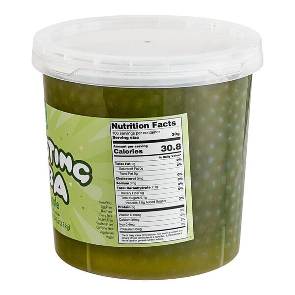 A container of green Bossen Pure25 Green Apple Bursting Boba.