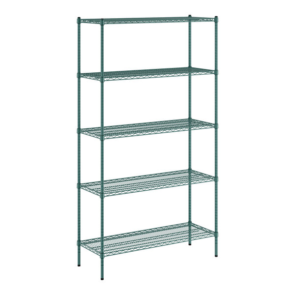 A green Regency wire shelving unit with five shelves.