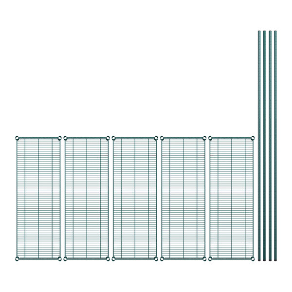 A Regency wire shelving kit with green epoxy-coated metal grids and poles.