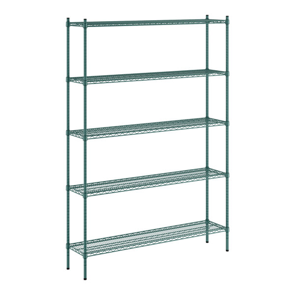 A green Regency wire shelving unit with five shelves.