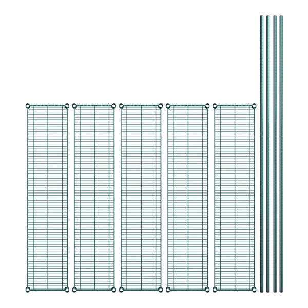 A row of green Regency wire shelving with metal shelves.