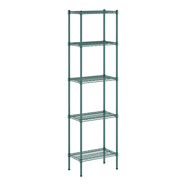 A green metal wire shelving unit with four shelves.