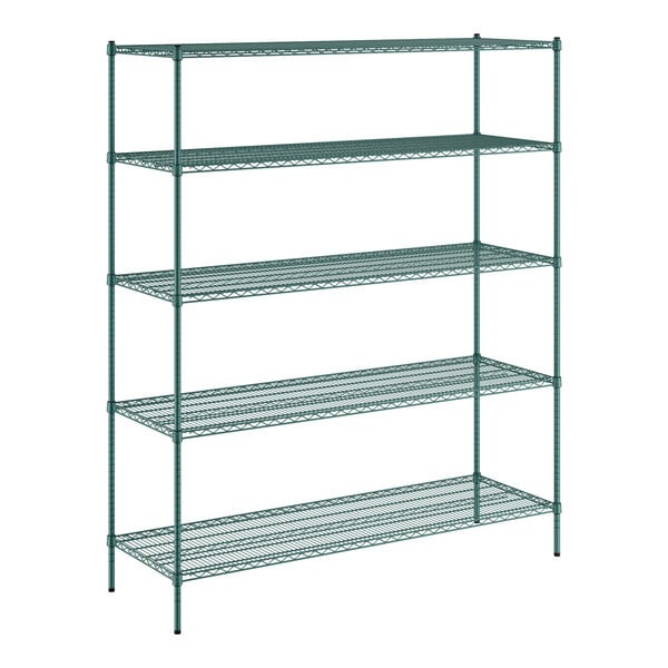 A green wire shelving unit with five shelves.