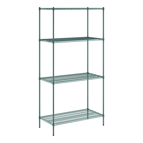 A green metal wire shelving unit with four shelves.