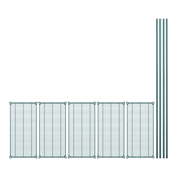 A row of wire shelves with metal bars and rods.