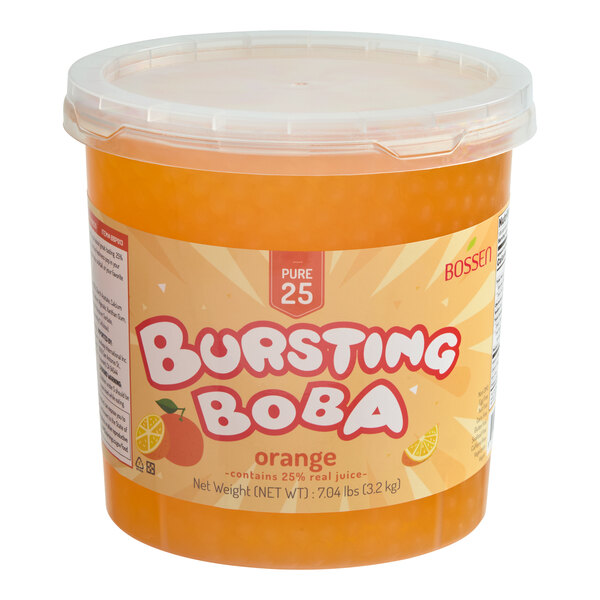 A large tub of Bossen Pure25 Orange Bursting Boba weighing 7.04 pounds.