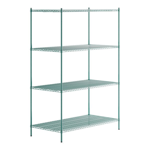 A green metal wire shelving unit with four shelves.