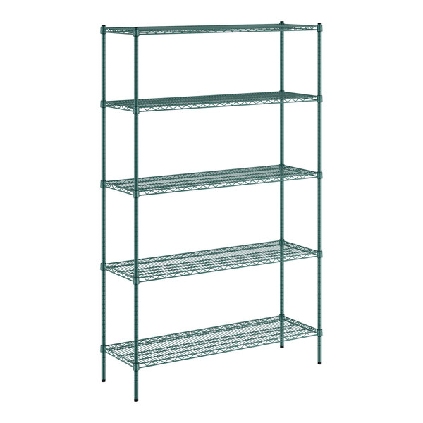 A green metal Regency wire shelving unit with four shelves.