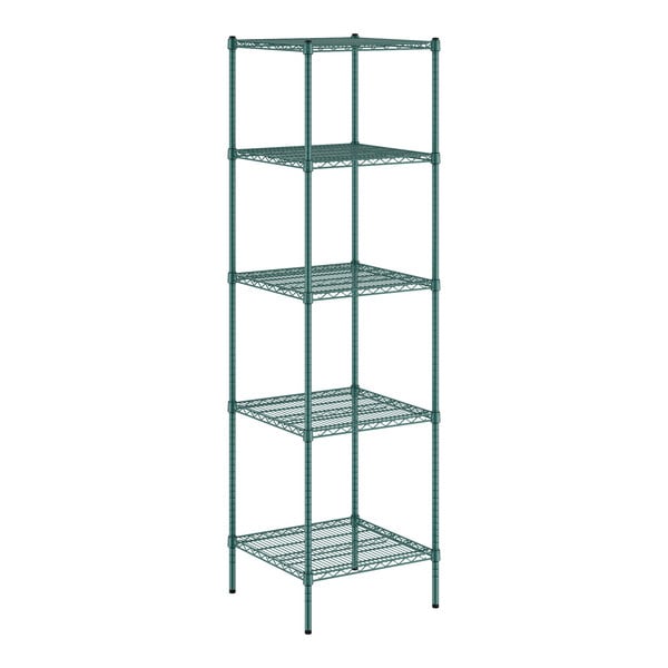 A green wire shelving unit with five shelves.