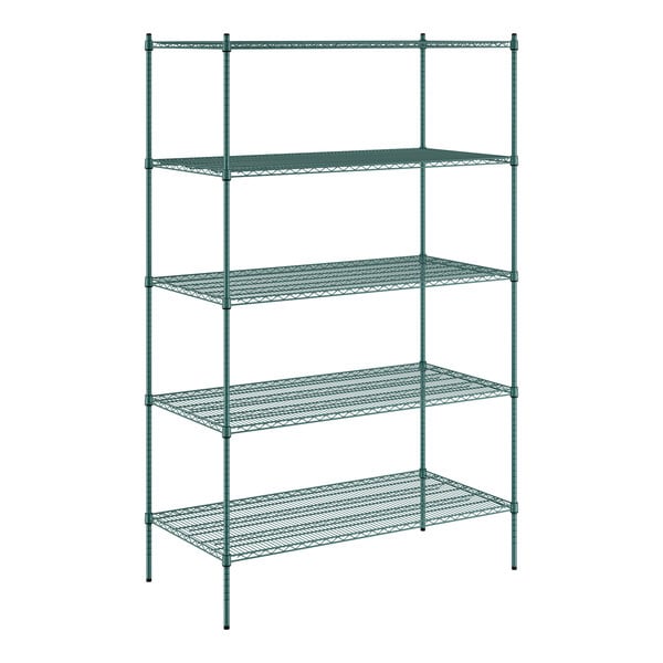 A Regency green wire shelving unit with five shelves.