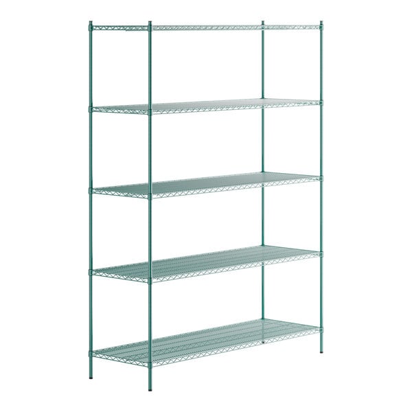 A green metal Regency wire shelving unit with four shelves.