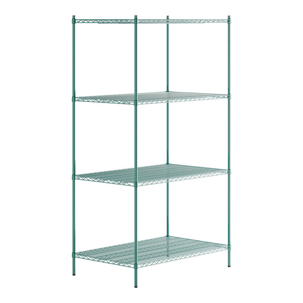 A green Regency wire shelving unit with four shelves.