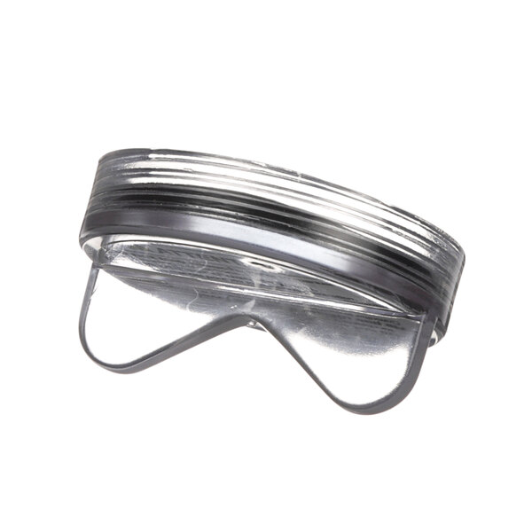 A clear plastic sanitizer cap with a metal frame.