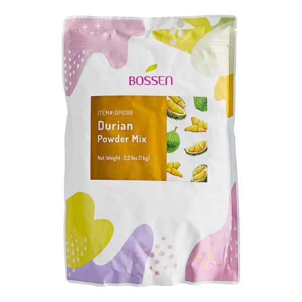 A white Bossen bag with a yellow label that reads "Durian Powder Mix"