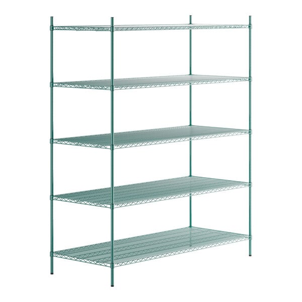 A green Regency wire shelving unit with five shelves.