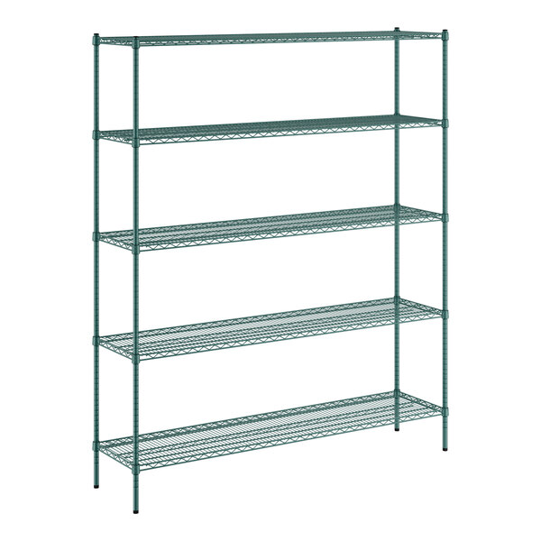 A green metal Regency wire shelving unit with four shelves.