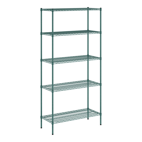 A green Regency wire shelving unit with four shelves.