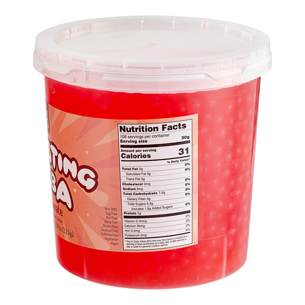 A container of Bossen Pure25 Pomegranate Bursting Boba with red liquid inside and a label.