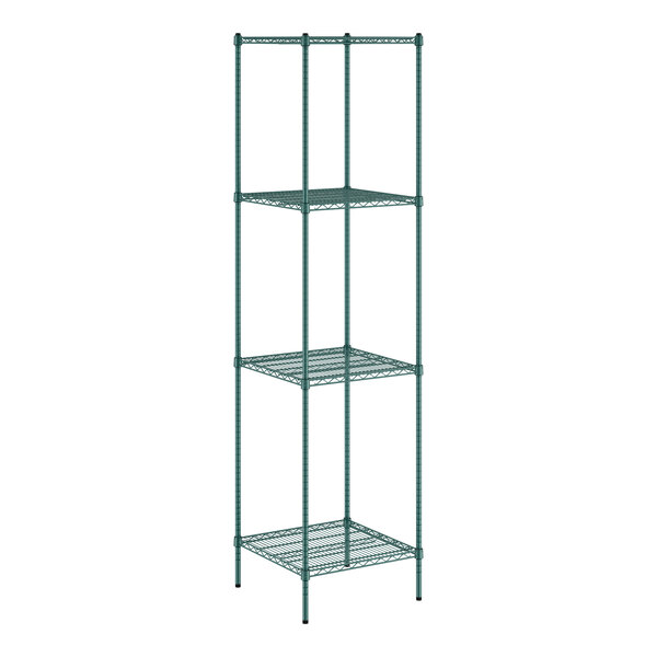 A green wire Regency shelving unit with four shelves.